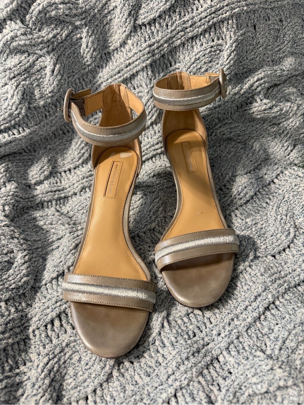 ANTONIO MELANI Metallic Silver Ankle-Strap Sandals